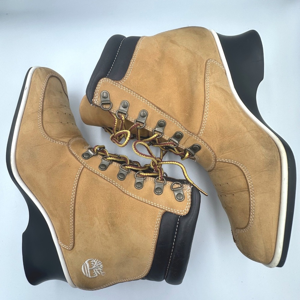 Timberland 19345 Womens Wheat Leather Lace Up Wedge Ankle Boots Square Toe 8M - Picture 4 of 13